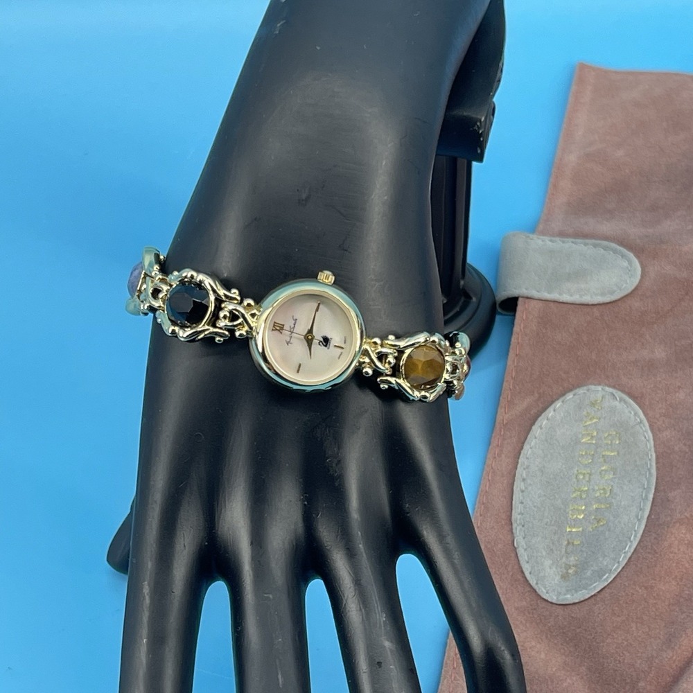 Gloria Vanderbilt Vintage Gold Tone Watch Multi-Color Stones New No Battery
